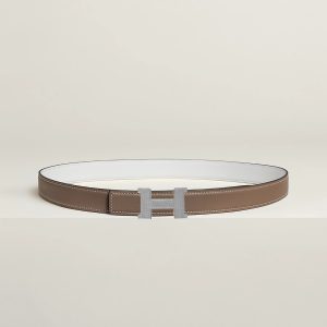 Hermes Mini Constance Guillochee Belt Buckle & Reversible Leather Strap 24 mm Swift and Epsom Calfskin Étoupe Blanc - Image 3