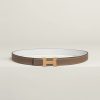 Hermes Mini Constance Guillochee Belt Buckle & Reversible Leather Strap 24 mm Swift and Epsom Calfskin Étoupe Blanc