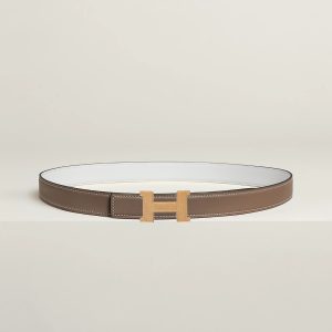Hermes Mini Constance Guillochee Belt Buckle & Reversible Leather Strap 24 mm Swift and Epsom Calfskin Étoupe Blanc
