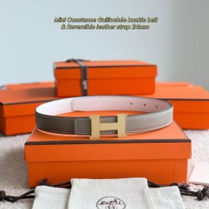 Hermes Mini Constance Guillochee Belt Buckle & Reversible Leather Strap 24 mm Swift and Epsom Calfskin Étoupe Blanc - Image 9