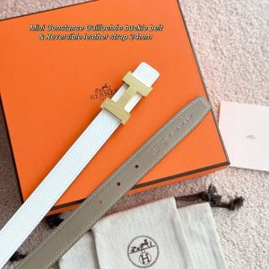 Hermes Mini Constance Guillochee Belt Buckle & Reversible Leather Strap 24 mm Swift and Epsom Calfskin Étoupe Blanc - Image 8