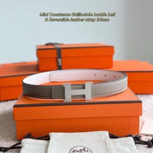 Alternative view of Hermes Mini Constance Guillochee Belt Buckle & Reversible Leather Strap 24 mm Swift and Epsom Calfskin Étoupe Blanc