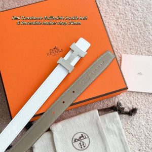 Hermes Mini Constance Guillochee Belt Buckle & Reversible Leather Strap 24 mm Swift and Epsom Calfskin Étoupe Blanc - Image 13