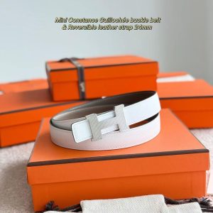 Hermes Mini Constance Guillochee Belt Buckle & Reversible Leather Strap 24 mm Swift and Epsom Calfskin Étoupe Blanc - Image 12