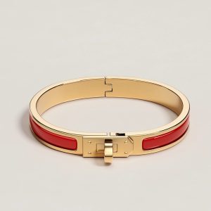 Hermes Mini Clic Kelly Bracelet Plain Enamel Yellow Gold Rouge Amarante H200004F 94GM