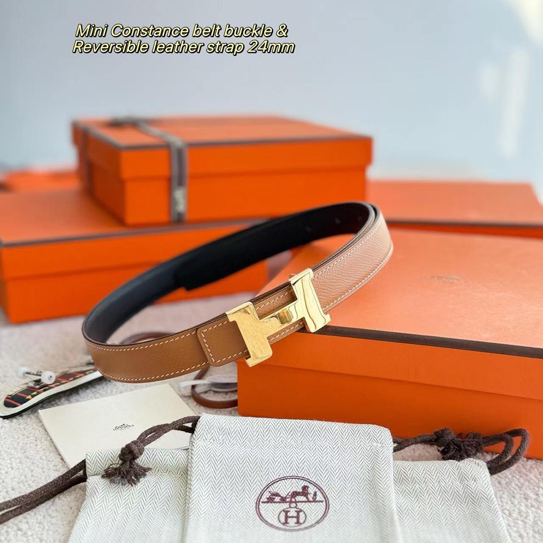 Hermes Mini Constance Belt Buckle & Reversible Leather Strap 24 mm Swift and Epsom Calfskin Gold Noir