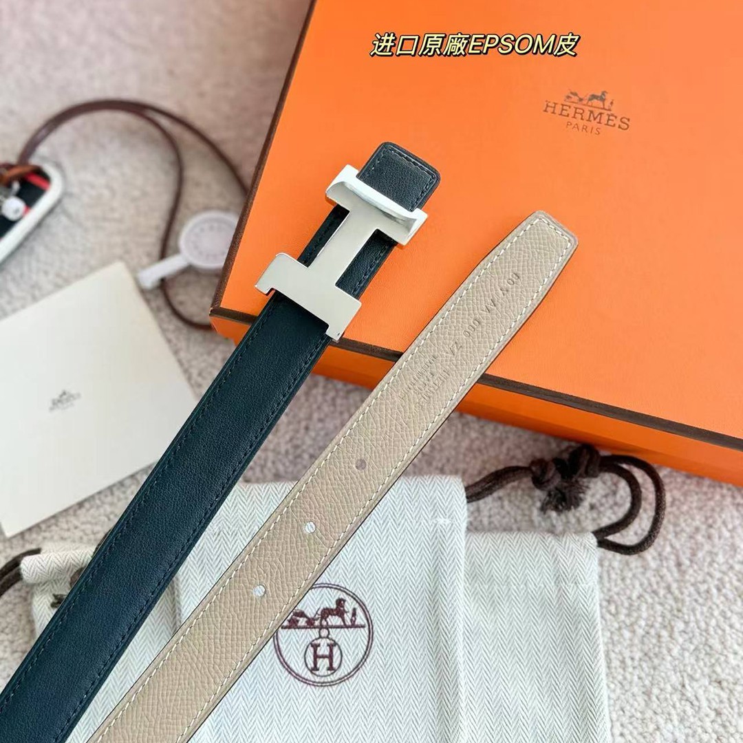 Hermes Mini Constance Belt Buckle & Reversible Leather Strap 24 mm Swift and Epsom Calfskin Noir Gris Trench - Image 3
