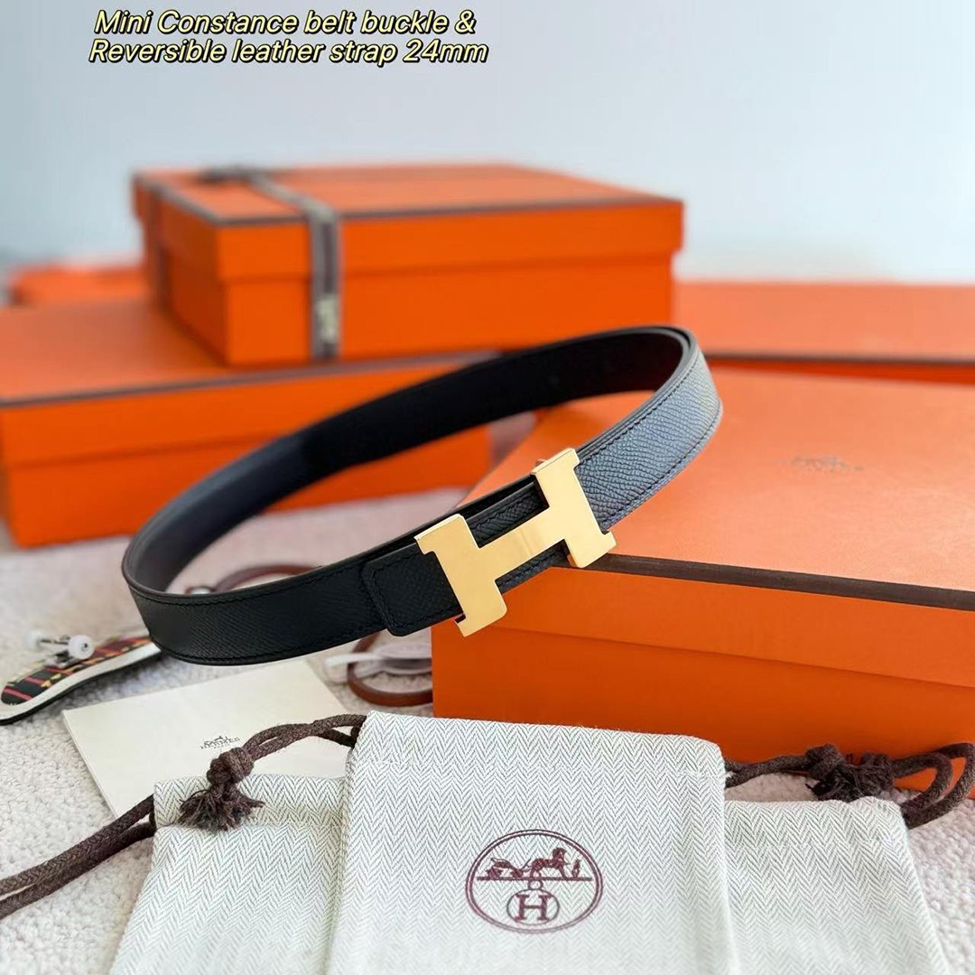 Hermes Mini Constance Belt Buckle & Reversible Leather Strap 24 mm Swift and Epsom Calfskin Noir Noir