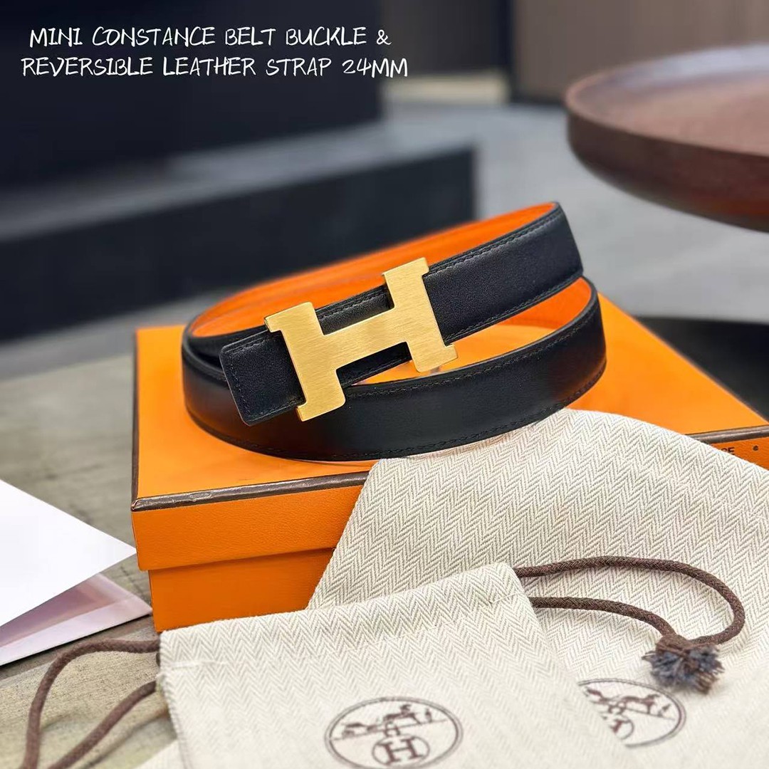 Hermes Mini Constance Belt Buckle & Reversible Leather Strap 24 mm Swift and Epsom Calfskin Orange Noir - Image 2