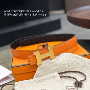 Hermes Mini Constance Belt Buckle & Reversible Leather Strap 24 mm Swift and Epsom Calfskin Orange Noir