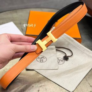 Hermes Mini Constance Belt Buckle & Reversible Leather Strap 24 mm Swift and Epsom Calfskin Orange Noir - Image 10