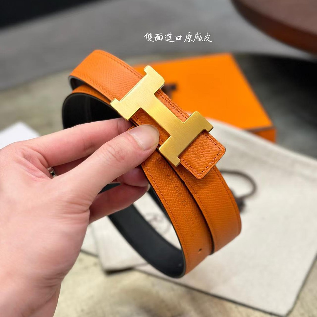 Hermes Mini Constance Belt Buckle & Reversible Leather Strap 24 mm Swift and Epsom Calfskin Orange Noir - Image 7