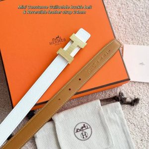 Hermes Mini Constance Guillochee Belt Buckle & Reversible Leather Strap 24 mm Swift and Epsom Calfskin Gold Blanc - Image 11