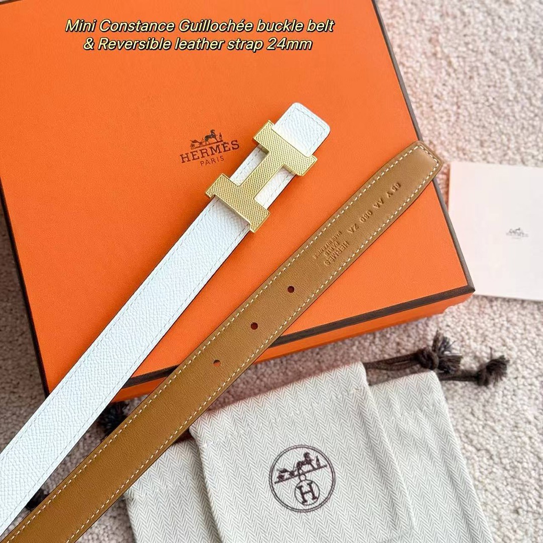 Hermes Mini Constance Guillochee Belt Buckle & Reversible Leather Strap 24 mm Swift and Epsom Calfskin Gold Blanc - Image 11