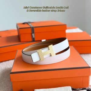 Hermes Mini Constance Guillochee Belt Buckle & Reversible Leather Strap 24 mm Swift and Epsom Calfskin Gold Blanc - Image 10