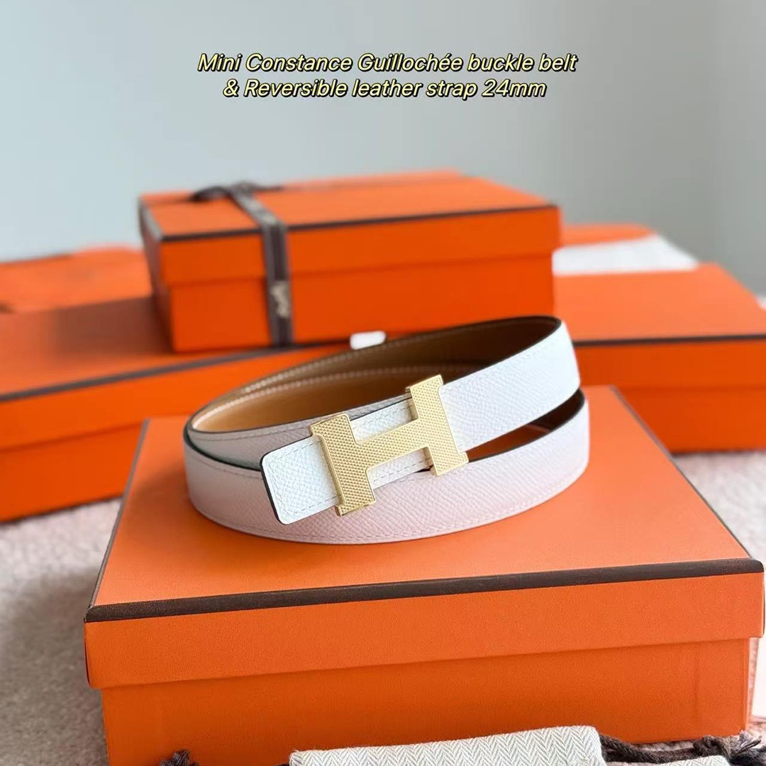 Hermes Mini Constance Guillochee Belt Buckle & Reversible Leather Strap 24 mm Swift and Epsom Calfskin Gold Blanc - Image 10