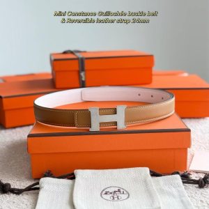 Hermes Mini Constance Guillochee Belt Buckle & Reversible Leather Strap 24 mm Swift and Epsom Calfskin Gold Blanc - Image 7