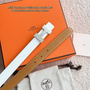 Hermes Mini Constance Guillochee Belt Buckle & Reversible Leather Strap 24 mm Swift and Epsom Calfskin Gold Blanc - Image 6