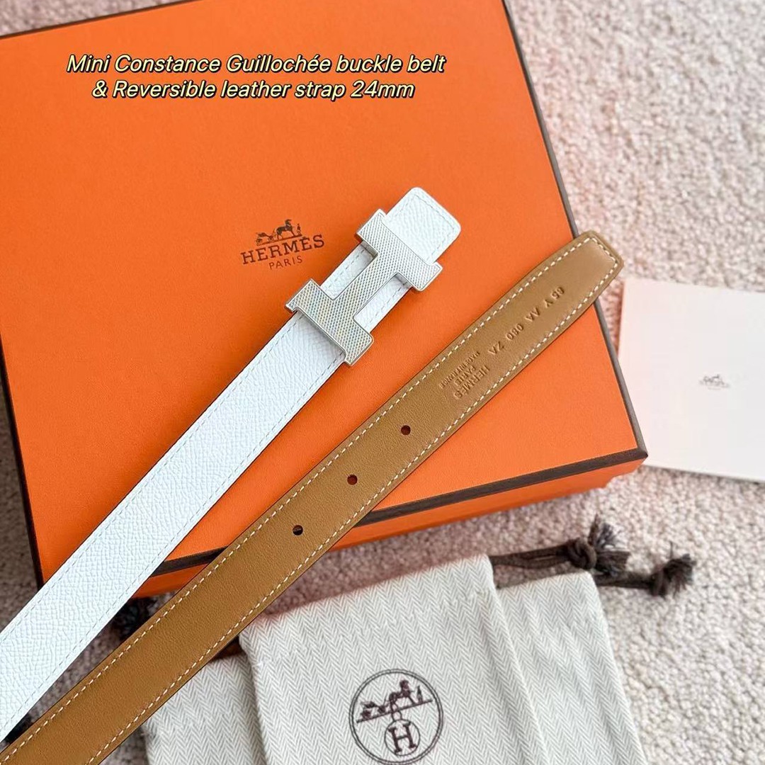 Hermes Mini Constance Guillochee Belt Buckle & Reversible Leather Strap 24 mm Swift and Epsom Calfskin Gold Blanc - Image 6