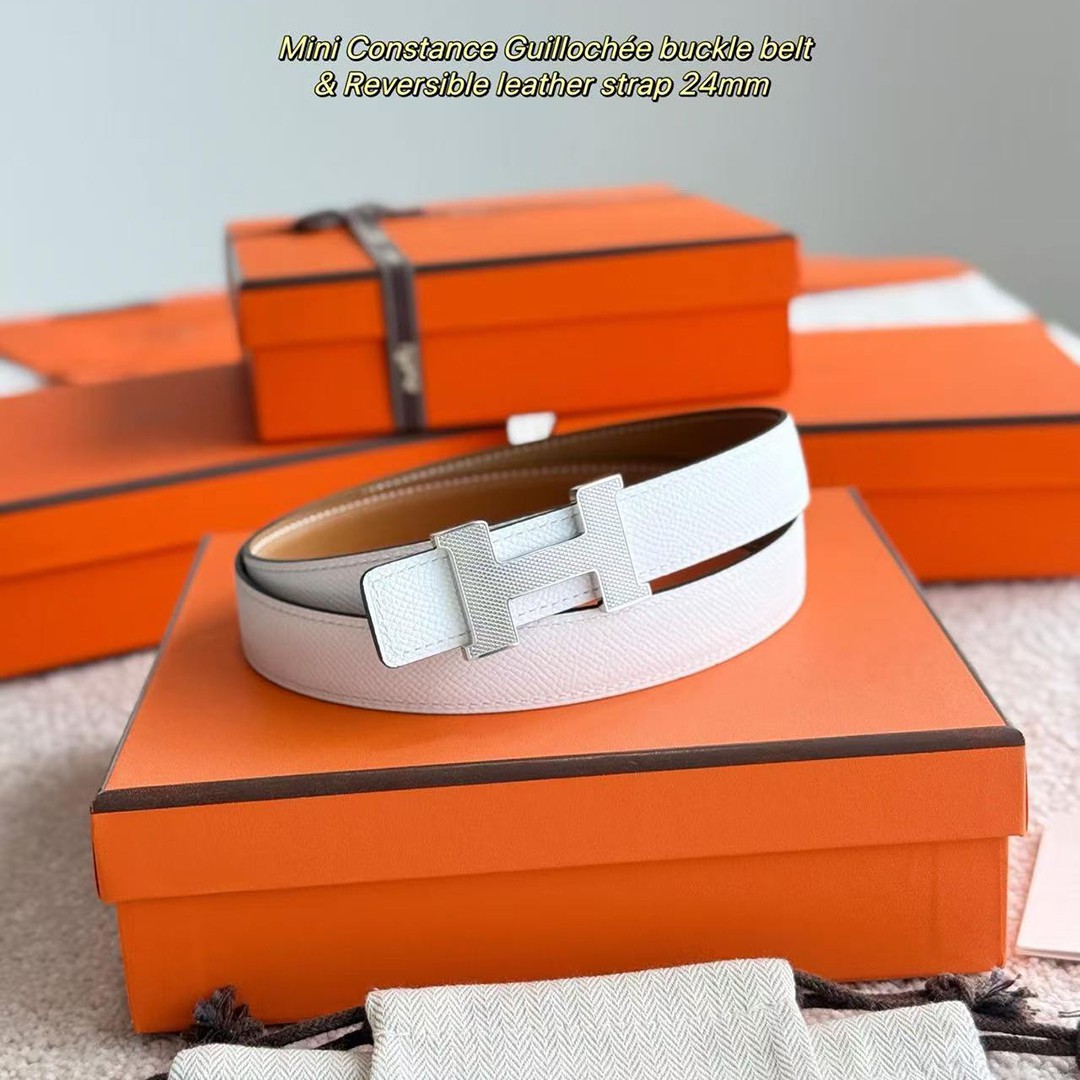 Hermes Mini Constance Guillochee Belt Buckle & Reversible Leather Strap 24 mm Swift and Epsom Calfskin Gold Blanc - Image 5