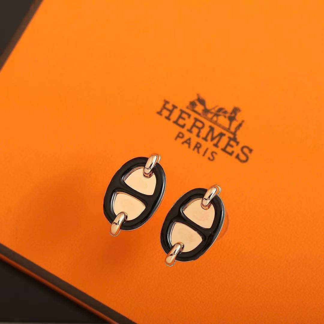 Hermes Mini Maillon Earrings Lacquered Metal Rose Gold Noir H100052FO03 - Image 14