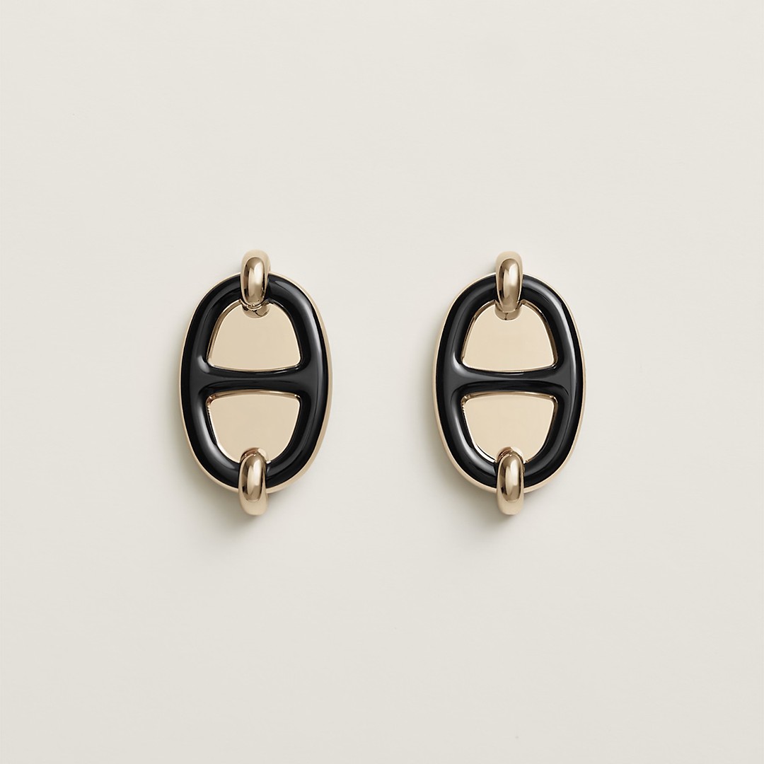 Hermes Mini Maillon Earrings Lacquered Metal Rose Gold Noir H100052FO03 - Image 7