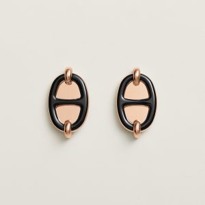 Hermes Mini Maillon Earrings Lacquered Metal Rose Gold Noir H100052FO03