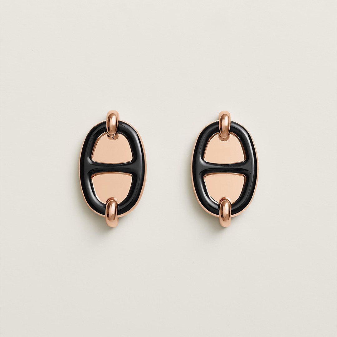 Hermes Mini Maillon Earrings Lacquered Metal Rose Gold Noir H100052FO03
