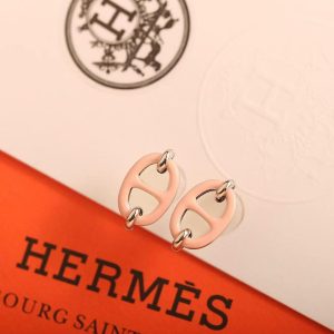 Hermes Mini Maillon Earrings Lacquered Metal Silver Rose Candeur H100052FPD2 - Image 8