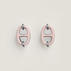 Hermes Mini Maillon Earrings Lacquered Metal Silver Rose Candeur H100052FPD2