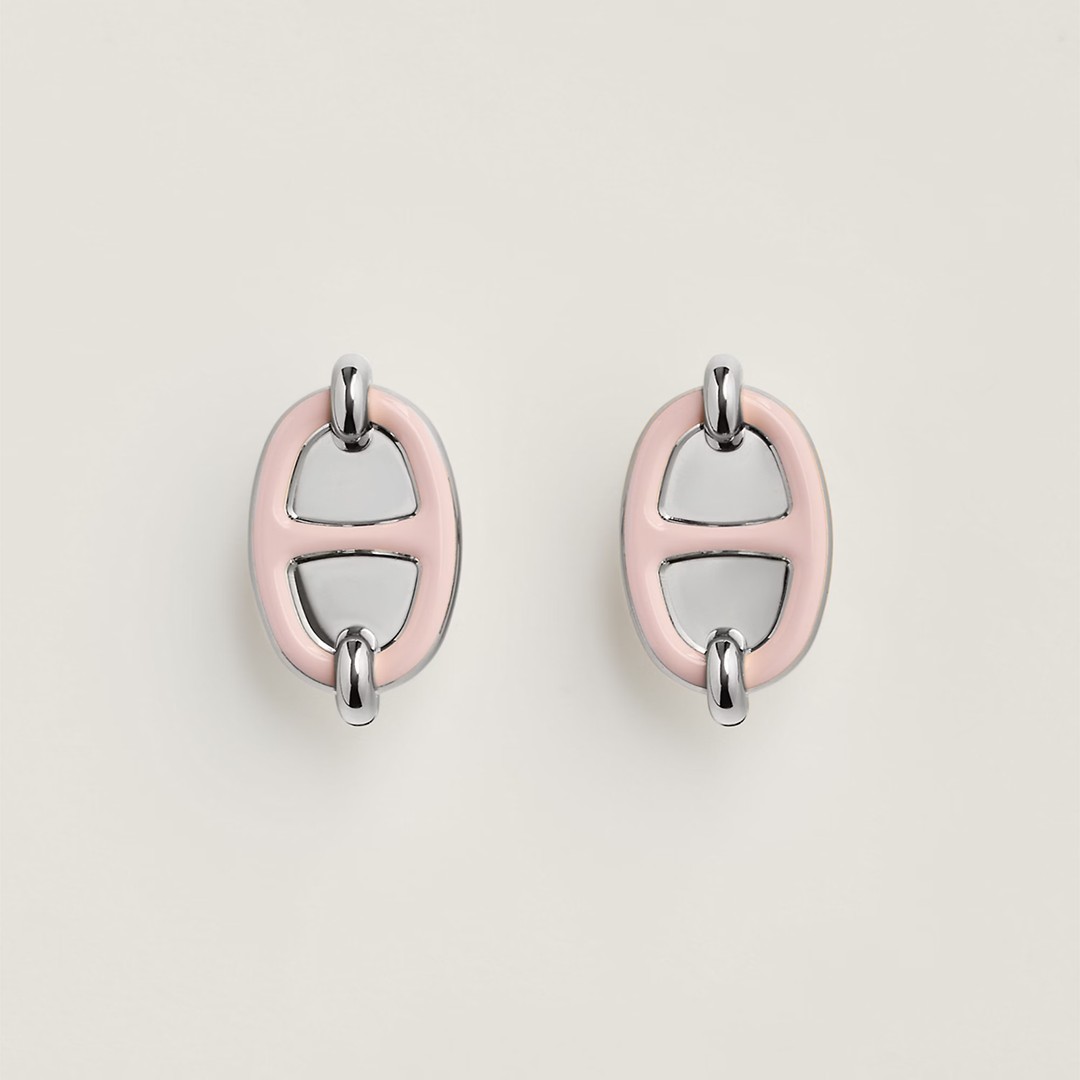Hermes Mini Maillon Earrings Lacquered Metal Silver Rose Candeur H100052FPD2