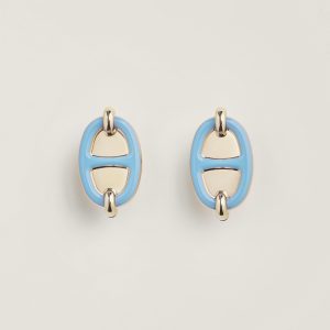 Hermes Mini Maillon Earrings Lacquered Metal Yellow Gold Bleu Polaire H100052FEF3