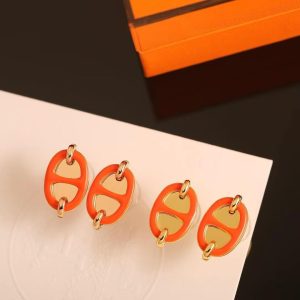 Hermes Mini Maillon Earrings Lacquered Metal Yellow Gold Orange Soie H100052FE02 - Image 8