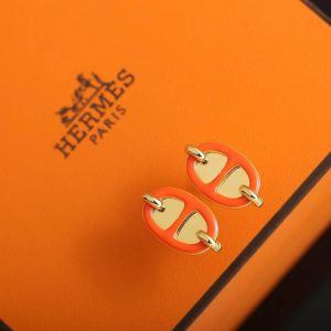 Hermes Mini Maillon Earrings Lacquered Metal Yellow Gold Orange Soie H100052FE02 - Image 7