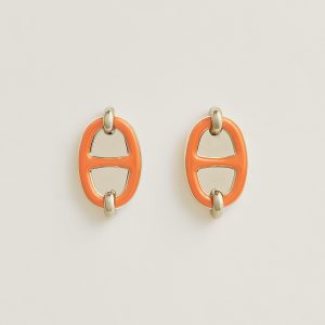 Hermes Mini Maillon Earrings Lacquered Metal Yellow Gold Orange Soie H100052FE02