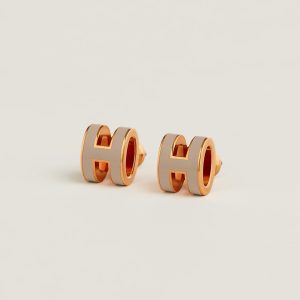 Hermes Mini Pop H Earrings Lacquered Metal Rose Gold Marron Glacé H608002FO55