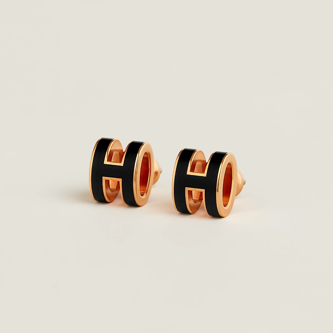 Hermes Mini Pop H Earrings Lacquered Metal Rose Gold Noir H608002FO03