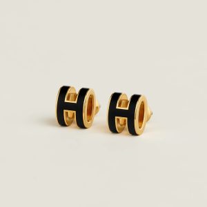 Hermes Mini Pop H Earrings Lacquered Metal Rose Gold Noir H608002FO03
