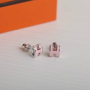 Alternative view of Hermes Mini Pop H Earrings Lacquered Metal Silver Rose Dragée H608002FO85