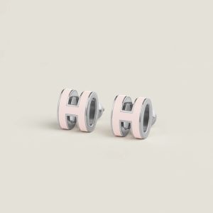 Hermes Mini Pop H Earrings Lacquered Metal Silver Rose Dragée H608002FO85