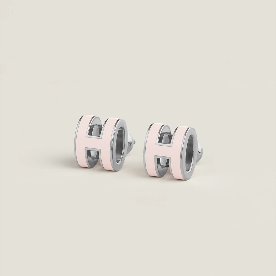 Hermes Mini Pop H Earrings Lacquered Metal Silver Rose Dragée H608002FO85