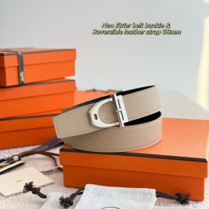 Hermes Neo Etrier Belt Buckle & Reversible Leather Strap 38 mm Epsom Calfskin Permabrass Buckle Yellow Gold Noir Gris Trench - Image 4