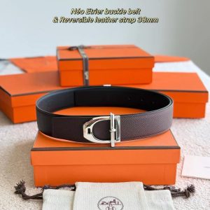 Hermes Neo Etrier Belt Buckle & Reversible Leather Strap 38 mm Epsom Calfskin Permabrass Buckle Yellow Gold Noir Chocolat