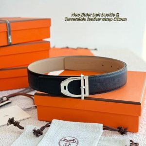 Hermes Neo Etrier Belt Buckle & Reversible Leather Strap 38 mm Epsom Calfskin Permabrass Buckle Yellow Gold Noir Gris Trench - Image 6