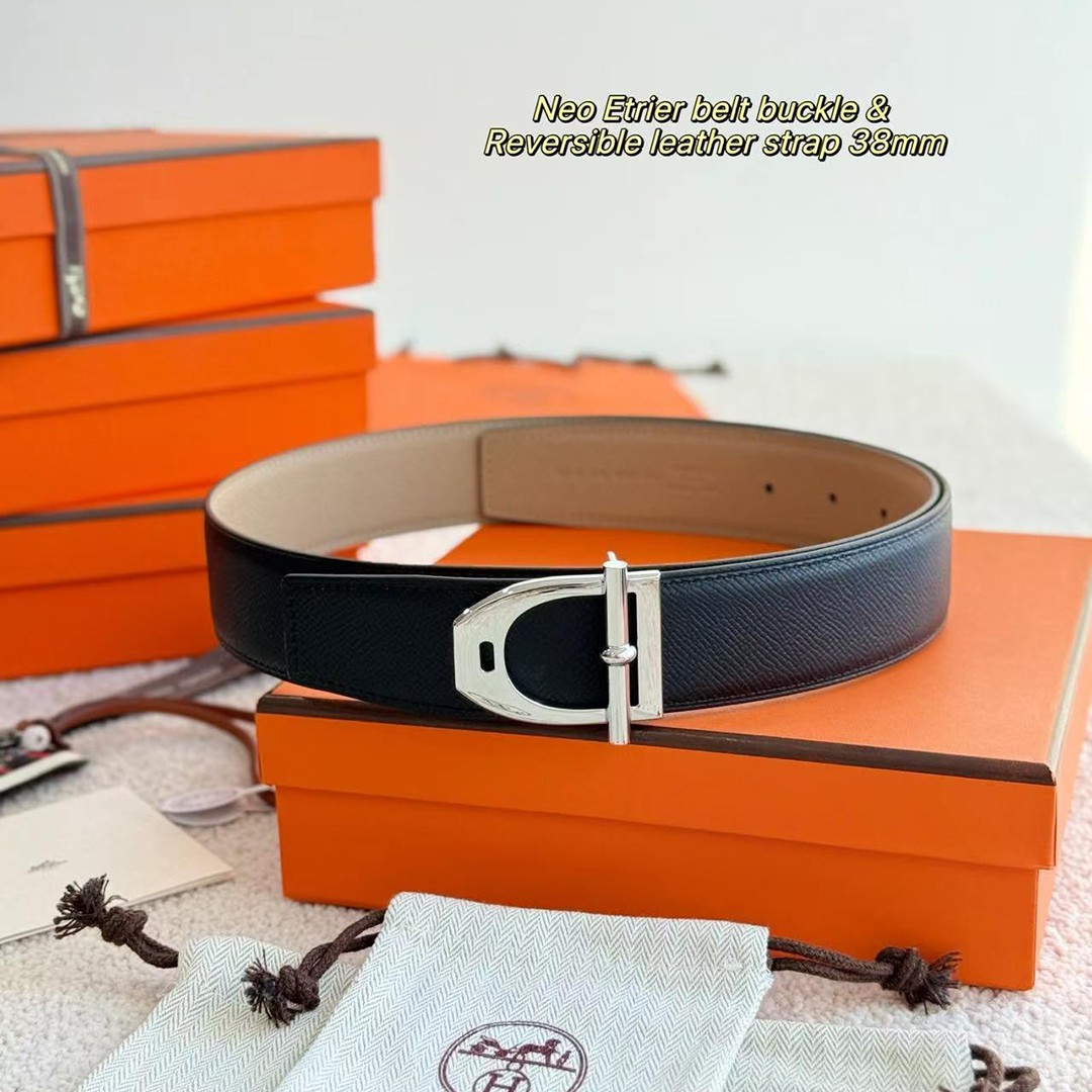 Hermes Neo Etrier Belt Buckle & Reversible Leather Strap 38 mm Epsom Calfskin Permabrass Buckle Yellow Gold Noir Gris Trench - Image 6