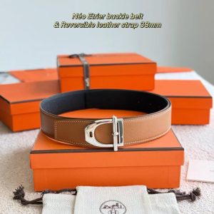 Hermes Neo Etrier Belt Buckle & Reversible Leather Strap 38 mm Epsom Calfskin Permabrass Buckle Yellow Gold Noir Gold - Image 6