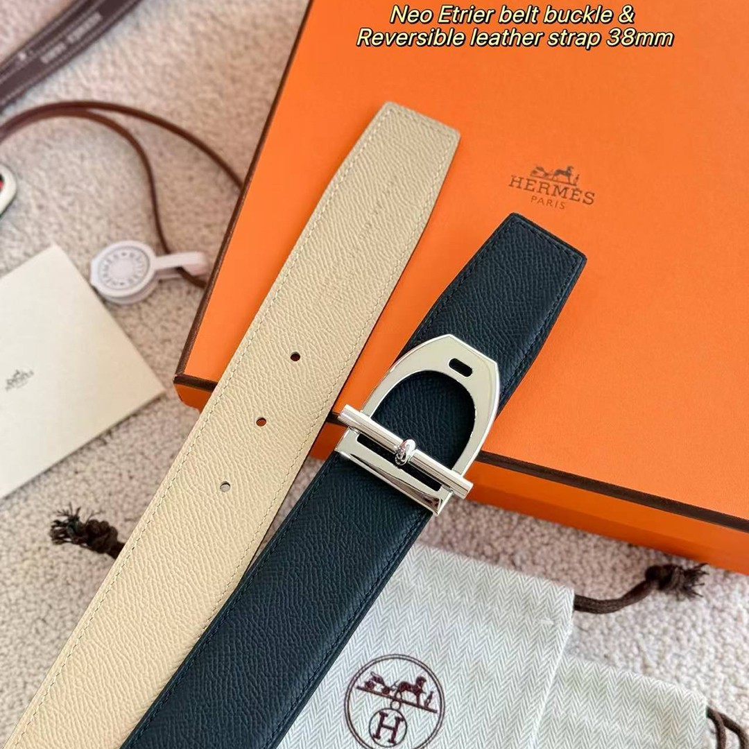 Hermes Neo Etrier Belt Buckle & Reversible Leather Strap 38 mm Epsom Calfskin Permabrass Buckle Yellow Gold Noir Gris Trench - Image 5