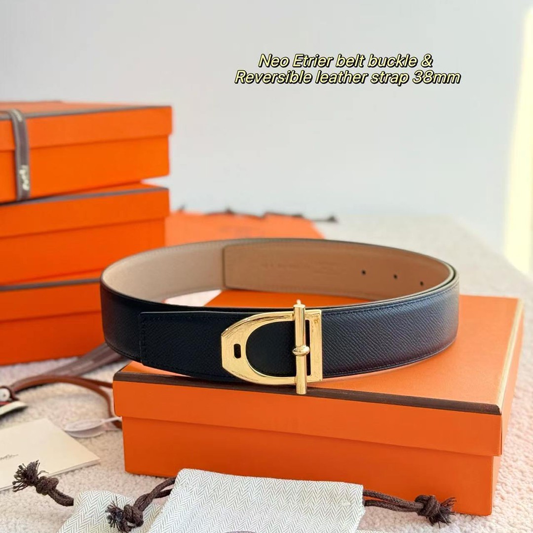 Hermes Neo Etrier Belt Buckle & Reversible Leather Strap 38 mm Epsom Calfskin Permabrass Buckle Yellow Gold Noir Gris Trench - Image 2
