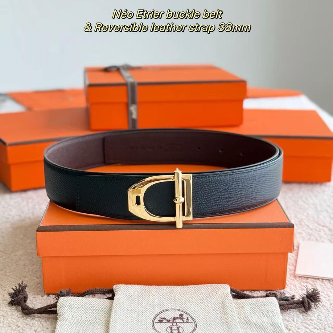 Hermes Neo Etrier Belt Buckle & Reversible Leather Strap 38 mm Epsom Calfskin Permabrass Buckle Yellow Gold Noir Chocolat - Image 2