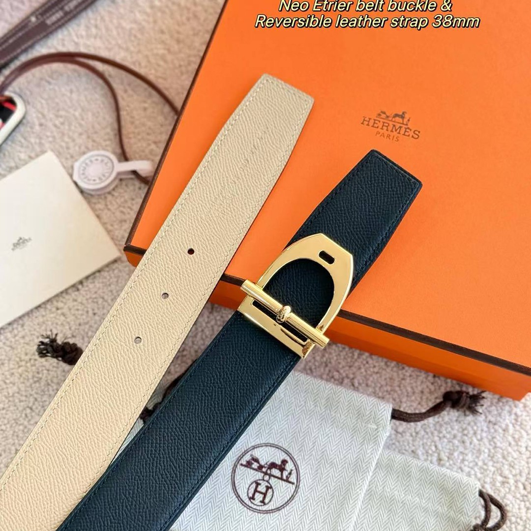 Hermes Neo Etrier Belt Buckle & Reversible Leather Strap 38 mm Epsom Calfskin Permabrass Buckle Yellow Gold Noir Gris Trench - Image 8